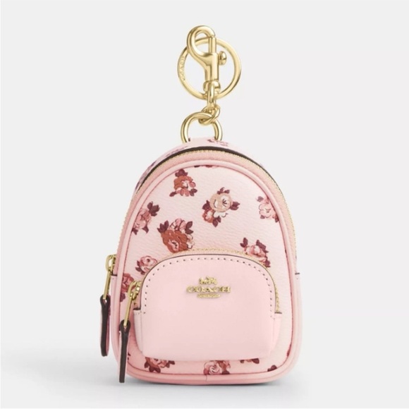 Coach Pink and Brown Floral Mini Bag Keychain - Picture 2 of 13